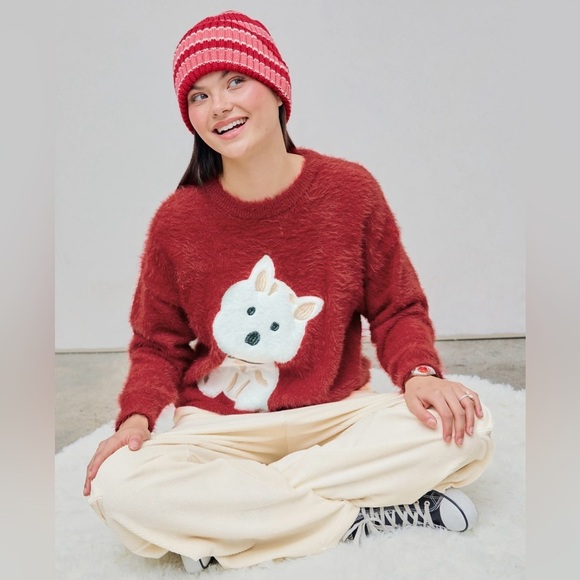 ROUND NECK FUZZY PUPPY KNIT LONG SLEEVE SWEATER OVERSIZED COMFY CUTE RED WHITE - Picture 2 of 5
